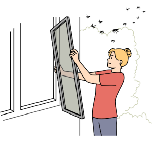 Cartoon woman replaces her window screen just in time to avoid the mosquito swarm