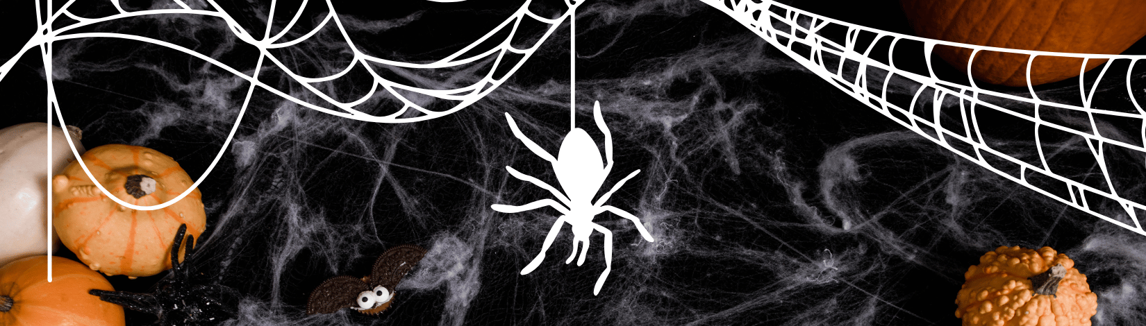 White silhouette of spider and web on Halloween-themed background, with cobwebs and pumpkins