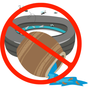 Mosquito larvae in plant pot and tire, with adults swarming above - both have been crossed out