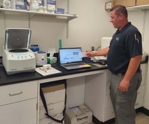 MMS staff runs results of a PCR analysis on a laptop in a lab