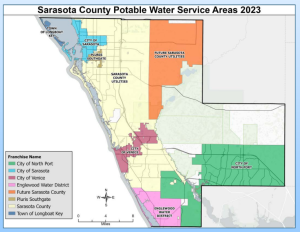 color-coded map showing sarasota county potable water service areas in 2023