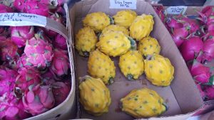 Yellow, white, and red dragonfruits. 