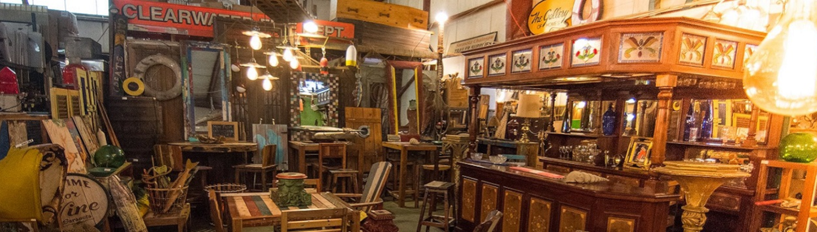 interior view at sarasota architectural salvage, showing an array of products and furnishings.