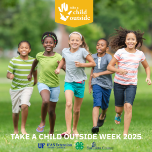 An image of youth smiling and running in a field towards the camera, with a logo that says Take a Child Outside.