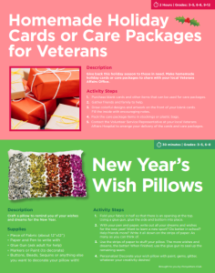 A picture of the directions for making cards or care packages for veterans and a new year's wish pillow.