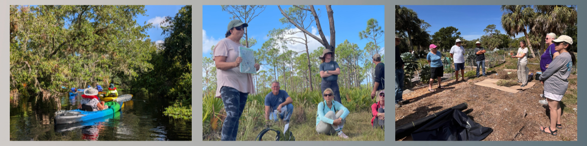 collage of three images. left image is several people on kayaks paddling along a narrow creek. center picture is six people in a wooded environment, with one holding up a book for the rest to see. the right picture is several people standing on bare ground around a compost area.