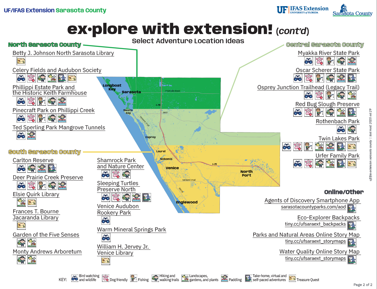 image of a map of Sarasota County, divided into north, central, and south, with lists of locations associated with each section. Clicking this image will bring you to a screen reader friendly map.