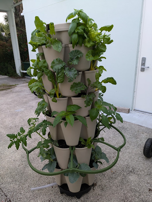 Vegetable plants growing in a stone colored green stalk tower