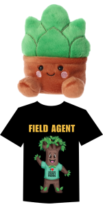 photo of a succulent plush toy and a black t-shirt
