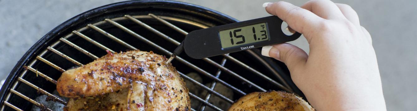 thermometer checks temperature of grilling chicken. [credit: uf/ifas, tyler jones]