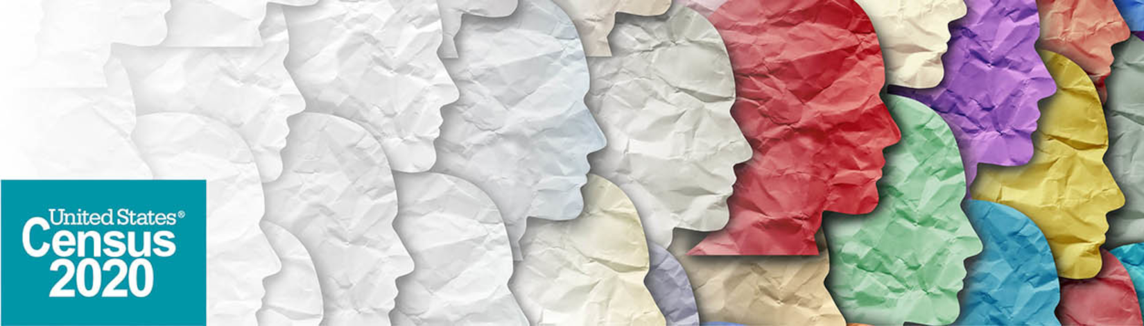 photo-illustration with various-colored silhouettes of people, and "united states census 2020" tag in lower-left corner