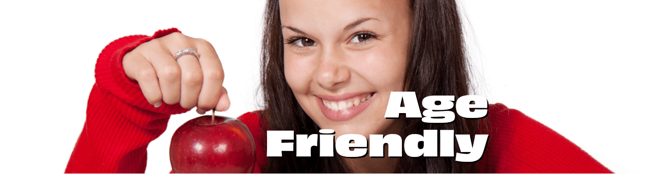 a smiling woman holds up a shiny-red apple by the stem. [credit: pixabay.com, public domain pictures]