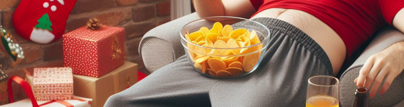ai-generated image of a man reclining in a chair eating snacks while wearing stretchy pants. [credit: bing create, dalle]