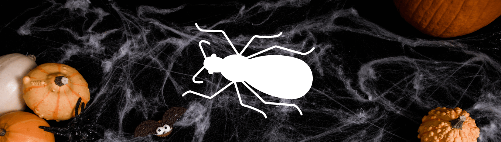 White silhouette of assassin bug on Halloween-themed background, with cobwebs and pumpkins