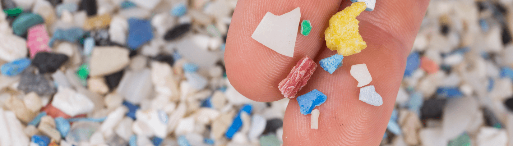 assorted microplastics shown resting on two fingertips, with a pile of microplastics in the background. [credit: uf/ifas, tyler jones]