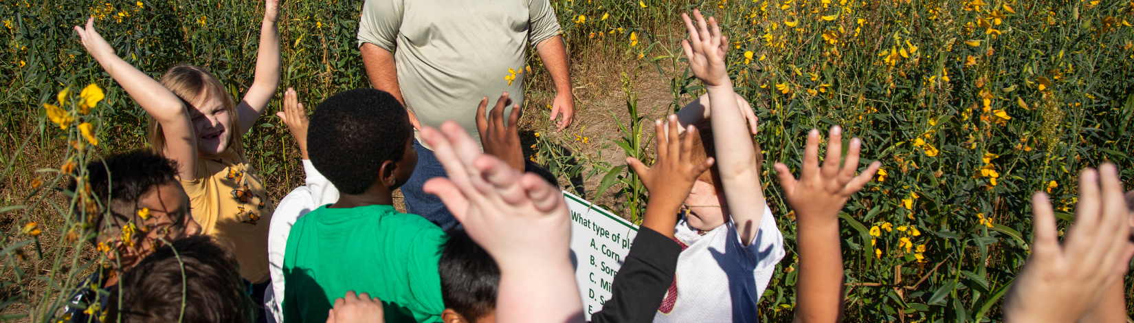 Kids raise their hands to answer a man's question in a fall field.