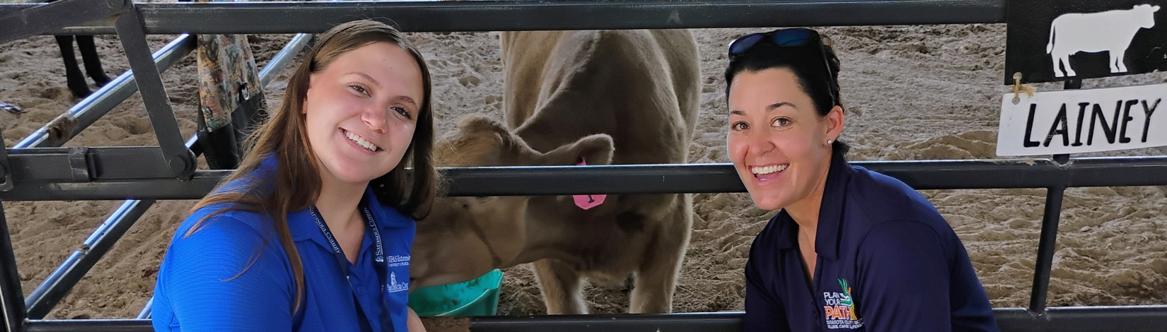 Two women crouch in front of a cow pen with a cow looking at the camera through the gate.