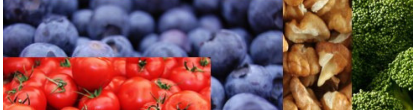 Collage: tomatoes, blueberries, mushrooms and broccoli