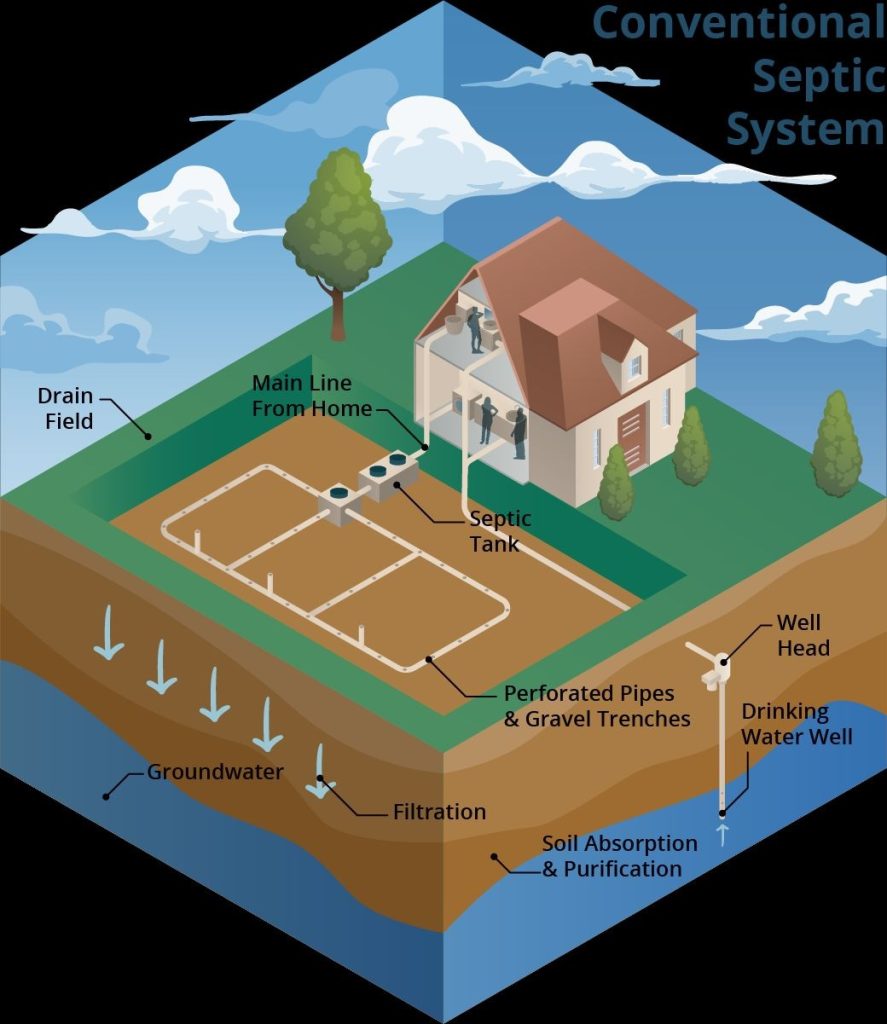 graphic of a conventional home septic system