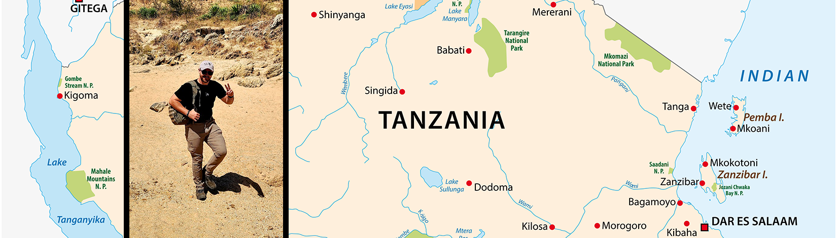 Image of map of Tanzania with inset photo of man walking