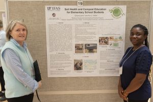 Two women standing by a research poster. The research was conducted in the University of Florida Experiential Learning Lab.