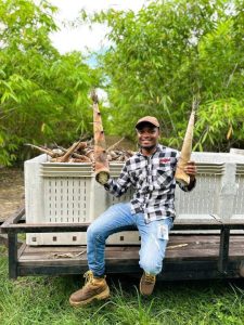 Cyrus Januarie sits on the edge of a trailer with bamboo shoots in crates behind him. Cyrus is holding up a bamboo shoot in each hand.