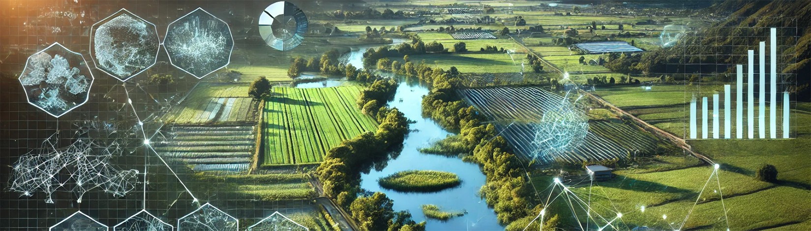 Artwork created by artificial intelligence showing a landscape with fields, a river, and urban area. The image is for the research forum program cover art.