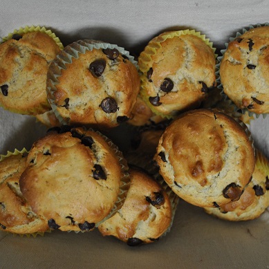 chocolate chip muffins in a basket