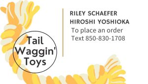 Business card with text and a dog toy graphic